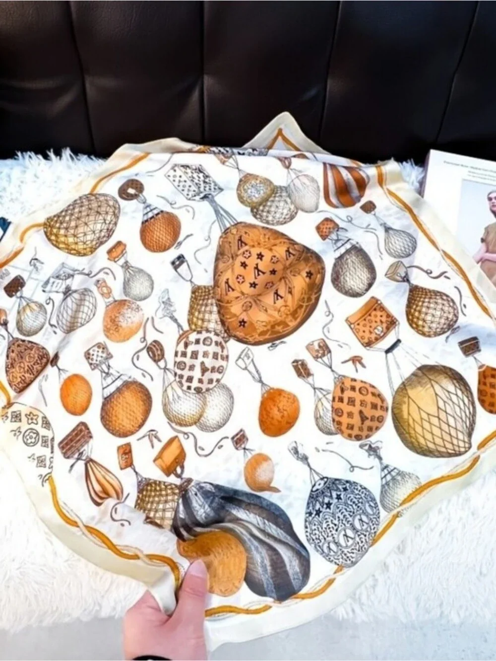 Silk-feel Balloon Print Scarf in Ivory and Mustard
